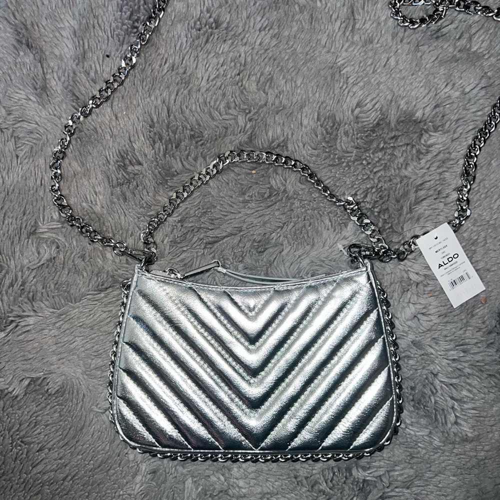 NWT ALDO Silver Quilted Chain Shoulder & Crossbody Bag